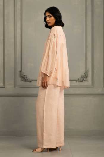 Arcvsh By Pallavi Singh_Pink Chanderi, Linen Embroidery Round Neck Hand Block Print Shirt With Pant _at_Aza_Fashions