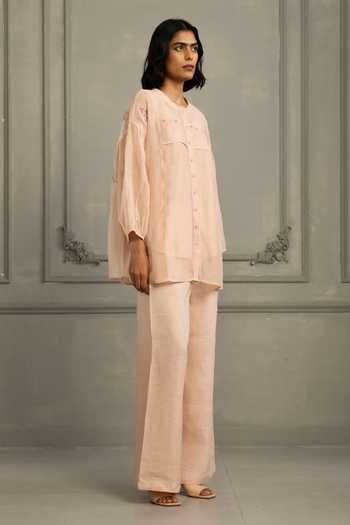 Buy_Arcvsh By Pallavi Singh_Pink Chanderi, Linen Embroidery Round Neck Hand Block Print Shirt With Pant 