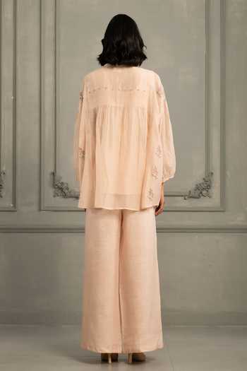 Shop_Arcvsh By Pallavi Singh_Pink Chanderi, Linen Embroidery Round Neck Hand Block Print Shirt With Pant _at_Aza_Fashions