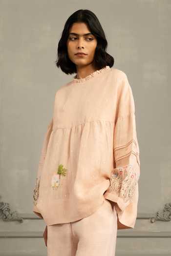 Arcvsh By Pallavi Singh_Pink Linen Embroidery High Neck Hand Top And Pant Set _Online_at_Aza_Fashions