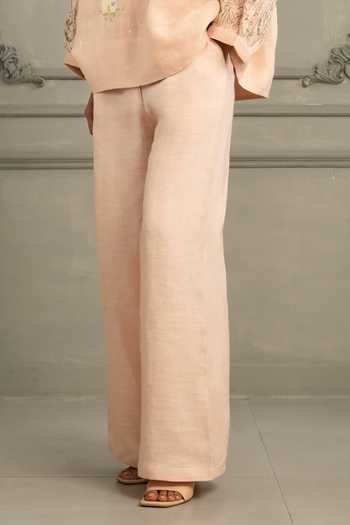 Buy_Arcvsh By Pallavi Singh_Pink Linen Embroidery High Neck Hand Top And Pant Set _Online_at_Aza_Fashions