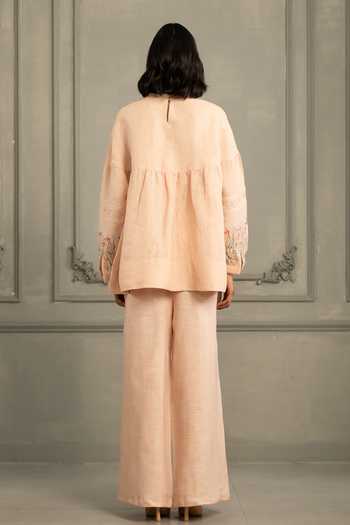 Shop_Arcvsh By Pallavi Singh_Pink Linen Embroidery High Neck Hand Top And Pant Set _at_Aza_Fashions