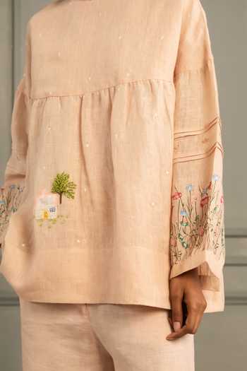 Shop_Arcvsh By Pallavi Singh_Pink Linen Embroidery High Neck Hand Top And Pant Set _Online_at_Aza_Fashions