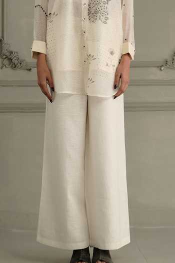 Arcvsh By Pallavi Singh_Ivory Chanderi, Linen, Brocade Embroidery Hand Block Print Shirt With Pant _Online_at_Aza_Fashions