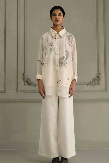 Buy_Arcvsh By Pallavi Singh_Ivory Chanderi, Linen, Brocade Embroidery Hand Block Print Shirt With Pant _at_Aza_Fashions