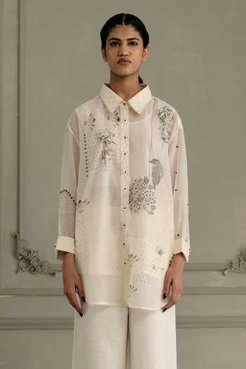 Buy_Arcvsh By Pallavi Singh_Ivory Chanderi, Linen, Brocade Embroidery Hand Block Print Shirt With Pant _Online_at_Aza_Fashions
