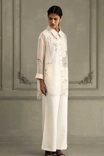 Shop_Arcvsh By Pallavi Singh_Ivory Chanderi, Linen, Brocade Embroidery Hand Block Print Shirt With Pant _Online_at_Aza_Fashions