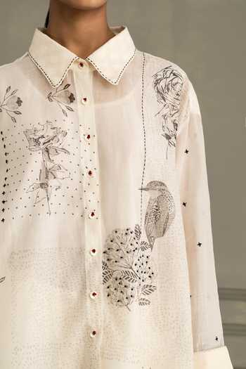 Arcvsh By Pallavi Singh_Ivory Chanderi, Linen, Brocade Embroidery Hand Block Print Shirt With Pant _at_Aza_Fashions