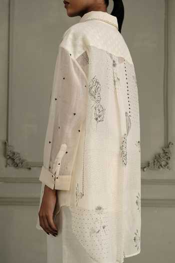 Buy_Arcvsh By Pallavi Singh_Ivory Chanderi, Linen, Brocade Embroidery Hand Block Print Shirt With Pant 
