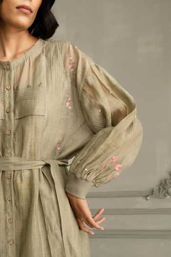 Buy_Arcvsh By Pallavi Singh_Green Chanderi Embroidery Round Neck Hand Dress And Belt Set _Online_at_Aza_Fashions