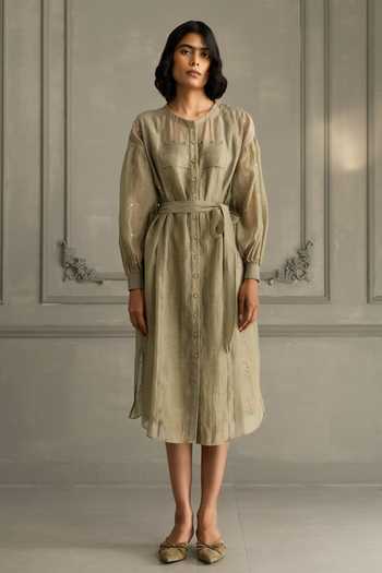 Buy_Arcvsh By Pallavi Singh_Green Chanderi Embroidery Round Neck Hand Dress And Belt Set _at_Aza_Fashions