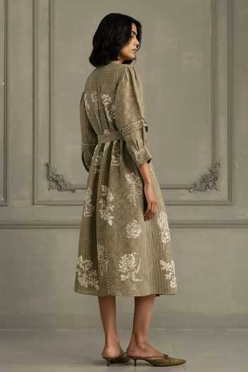 Shop_Arcvsh By Pallavi Singh_Green Linen Embroidery Round Neck Hand Block Print Dress _at_Aza_Fashions