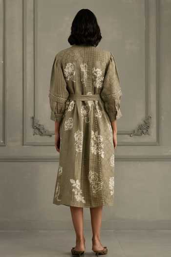 Arcvsh By Pallavi Singh_Green Linen Embroidery Round Neck Hand Block Print Dress _Online_at_Aza_Fashions