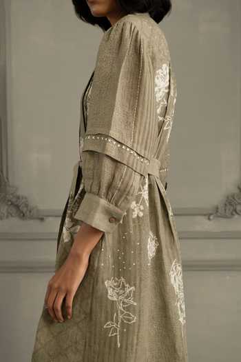 Buy_Arcvsh By Pallavi Singh_Green Linen Embroidery Round Neck Hand Block Print Dress _Online_at_Aza_Fashions