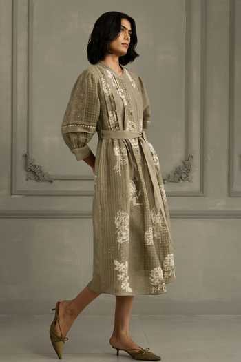 Shop_Arcvsh By Pallavi Singh_Green Linen Embroidery Round Neck Hand Block Print Dress _Online_at_Aza_Fashions