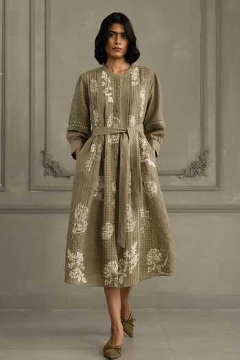 Buy_Arcvsh By Pallavi Singh_Green Linen Embroidery Round Neck Hand Block Print Dress _at_Aza_Fashions
