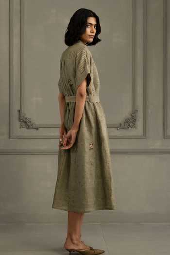 Arcvsh By Pallavi Singh_Green Linen Embroidery Collared Hand Block Print Dress _Online_at_Aza_Fashions