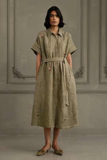 Buy_Arcvsh By Pallavi Singh_Green Linen Embroidery Collared Hand Block Print Dress _at_Aza_Fashions