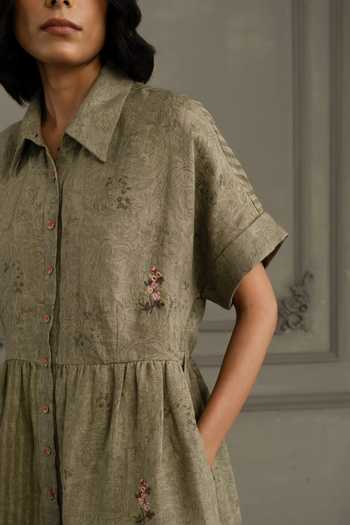 Shop_Arcvsh By Pallavi Singh_Green Linen Embroidery Collared Hand Block Print Dress _Online_at_Aza_Fashions