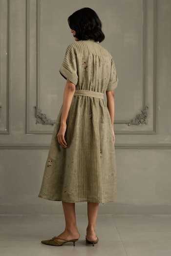 Shop_Arcvsh By Pallavi Singh_Green Linen Embroidery Collared Hand Block Print Dress _at_Aza_Fashions