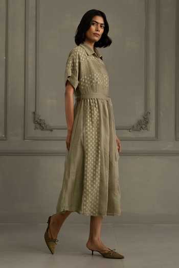 Arcvsh By Pallavi Singh_Green Cotton, Organza, Brocade Embroidery Collared Hand Block Print Dress _Online_at_Aza_Fashions
