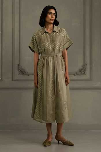 Buy_Arcvsh By Pallavi Singh_Green Cotton, Organza, Brocade Embroidery Collared Hand Block Print Dress _at_Aza_Fashions