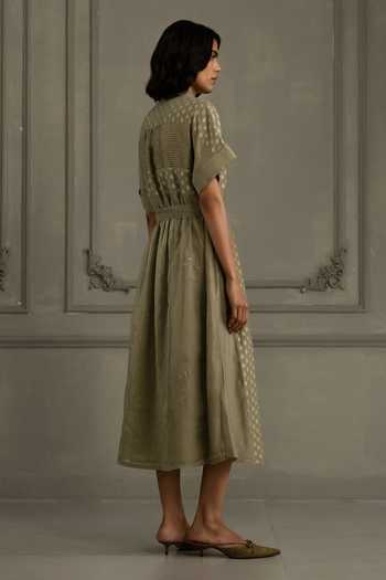 Shop_Arcvsh By Pallavi Singh_Green Cotton, Organza, Brocade Embroidery Collared Hand Block Print Dress _at_Aza_Fashions