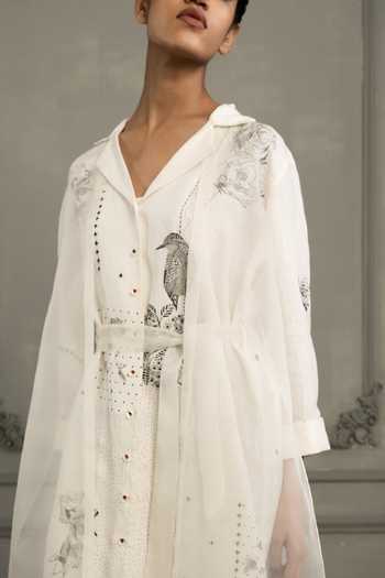 Buy_Arcvsh By Pallavi Singh_Ivory Linen Embroidery Collared Hand Block Print Dress _Online_at_Aza_Fashions