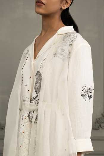 Shop_Arcvsh By Pallavi Singh_Ivory Linen Embroidery Collared Hand Block Print Dress _Online_at_Aza_Fashions