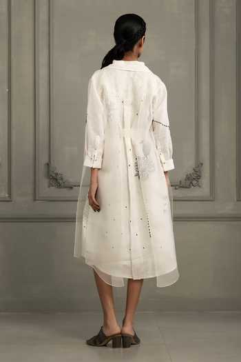 Shop_Arcvsh By Pallavi Singh_Ivory Linen Embroidery Collared Hand Block Print Dress _at_Aza_Fashions