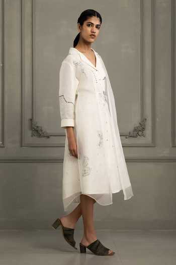 Buy_Arcvsh By Pallavi Singh_Ivory Linen Embroidery Collared Hand Block Print Dress _at_Aza_Fashions