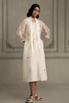 Buy_Arcvsh By Pallavi Singh_Ivory Organza, Linen Applique Shawl Neck, Hand Block Print Jacket And Dress Set _at_Aza_Fashions