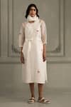 Shop_Arcvsh By Pallavi Singh_Ivory Organza, Linen Applique Shawl Neck, Hand Block Print Jacket And Dress Set _at_Aza_Fashions