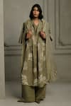 Buy_Arcvsh By Pallavi Singh_Green Organza, Linen Applique V-neck Hand Block Print Dress And Pant Set _at_Aza_Fashions