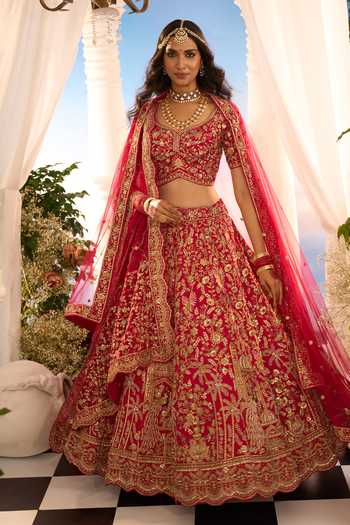 Buy_Azeera_Pink Silk, Net Embroidery, Metallic Thread Leaf Neck Floral Bridal Lehenga Set _at_Aza_Fashions