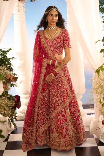 Azeera_Pink Silk, Net Embroidery, Metallic Thread Leaf Neck Floral Bridal Lehenga Set 