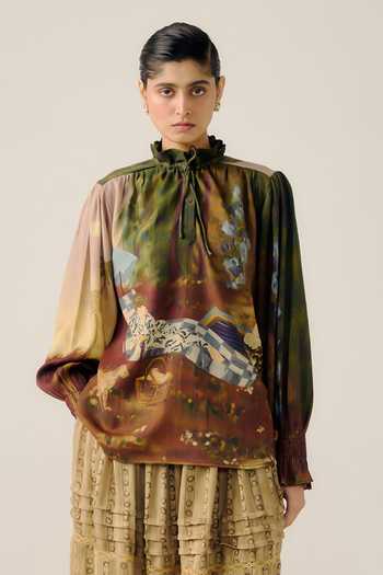 Buy_Cord_Multi Color Wool High Neck Lakeside Print Ruffled Top _at_Aza_Fashions