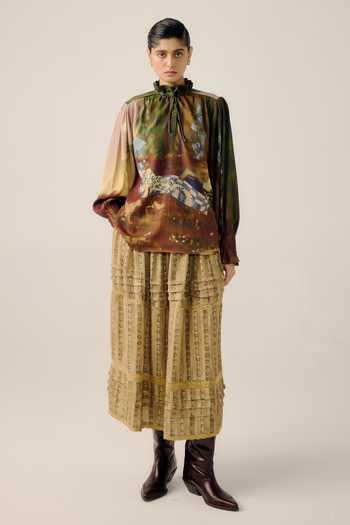 Cord_Multi Color Wool High Neck Lakeside Print Ruffled Top _at_Aza_Fashions
