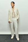 Shop_Jigar & Nikita_Ivory Silk Embroidery, Sequins Pearlfect Open Jacket Pant Set _at_Aza_Fashions