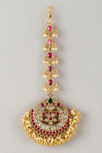 Shop_Karisa Designs_Red Beads, Pearls, Stones Pihu Chaand Embellished Maangtikka _at_Aza_Fashions