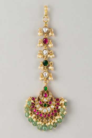 Shop_Karisa Designs_Multi Color Beads, Pearls, Stones Elsa Handcrafted Maangtikka _at_Aza_Fashions