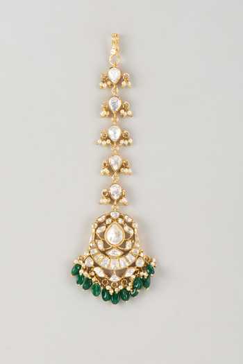 Shop_Karisa Designs_Green Beads, Pearls, Stones Elsa Chaand Embellished Maangtikka _at_Aza_Fashions