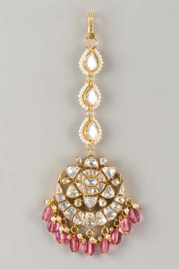 Shop_Karisa Designs_Pink Beads, Pearls, Stones Lara Red Drop Maangtikka _at_Aza_Fashions