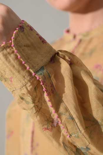 Samant Chauhan_Beige Silk, Cotton Mandarin Collar Floral Print Dress _Online_at_Aza_Fashions
