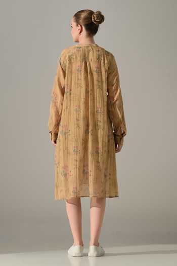 Shop_Samant Chauhan_Beige Silk, Cotton Mandarin Collar Floral Print Dress _at_Aza_Fashions