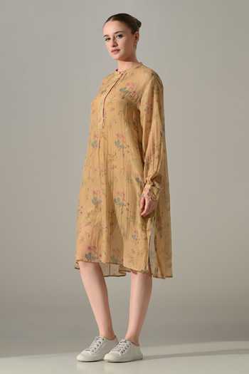 Buy_Samant Chauhan_Beige Silk, Cotton Mandarin Collar Floral Print Dress _Online_at_Aza_Fashions