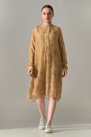 Buy_Samant Chauhan_Beige Silk, Cotton Mandarin Collar Floral Print Dress _at_Aza_Fashions