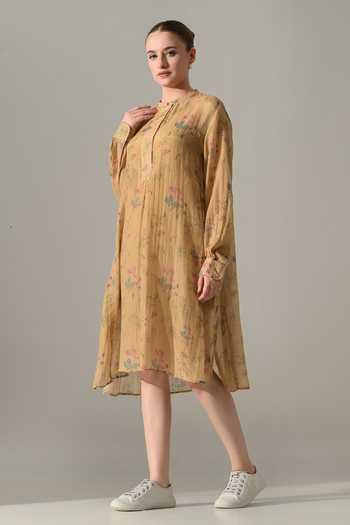 Samant Chauhan_Beige Silk, Cotton Mandarin Collar Floral Print Dress _at_Aza_Fashions