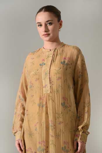 Shop_Samant Chauhan_Beige Silk, Cotton Mandarin Collar Floral Print Dress 