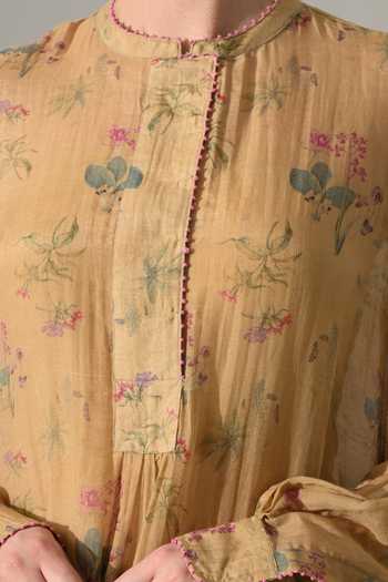 Samant Chauhan_Beige Silk, Cotton Mandarin Collar Floral Print Dress _Online